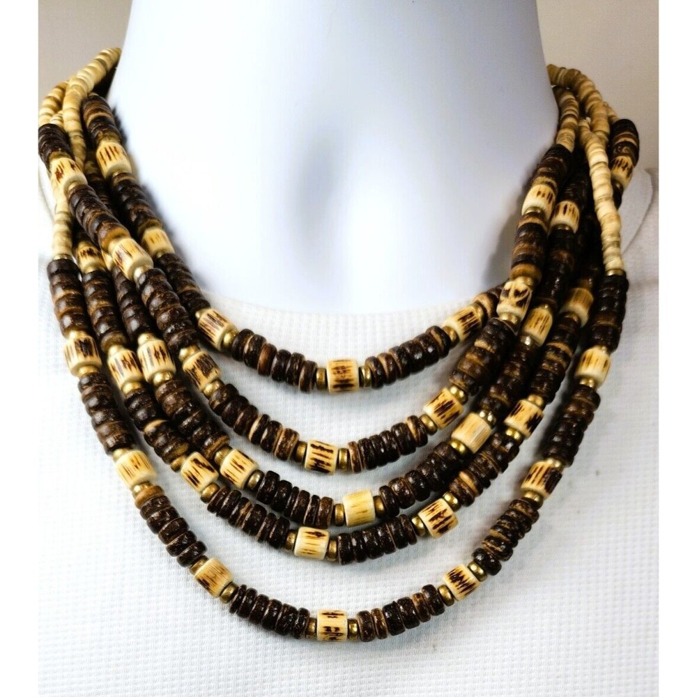 Vintage Coconut Shell Wood Necklace Bead 5 Strand Retro Tropical Summer Beachy